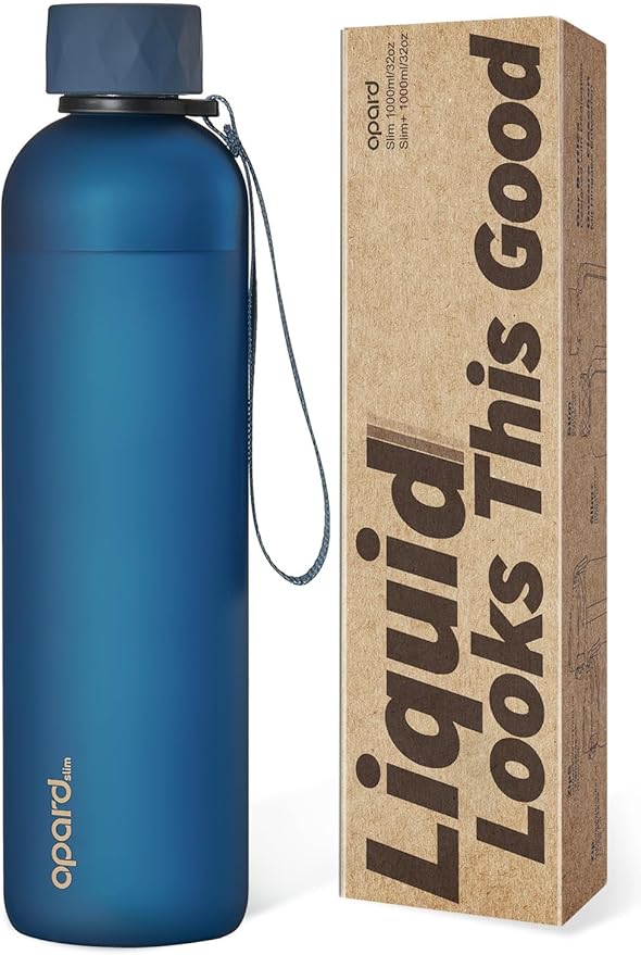Opard Slim Pro Water Bottle 32oz, Plastic Water Bottle BPA-Free, Facetted Rubberized Grip-Texture Monocap, Leakproof Screw Top, Midnight Blue, Reusable for Travel School Sport Gym Hiking