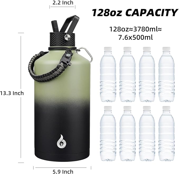 BJPKPK 1 Gallon Water Bottle with Straw Lid, 128oz Large, Stainless Steel Water Bottles with 3 Lids and Paracord Strap, Double Wall Vacuum Metal Water Jug, Camp Green & Black