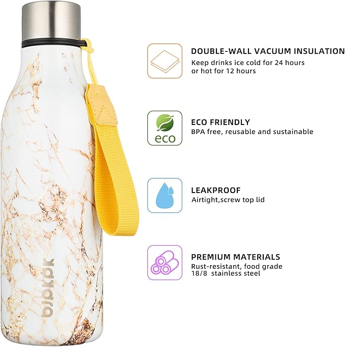 BJPKPK Insulated Water Bottles, 18 oz Stainless Steel Metal Water Bottle with Strap, BPA Free Leak Proof Jugs, Mugs, Flasks, Reusable Thermal Flasks for Sports & Travel, Marble-Amber