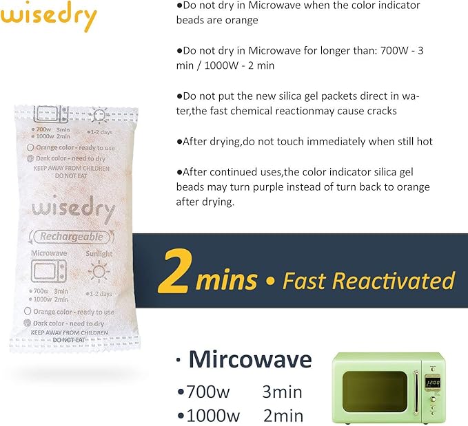 wisedry 50 Gram [10 Packs] Silica Gel Packets Microwave Fast Reactivate Desiccan Packs with Indicating Beads