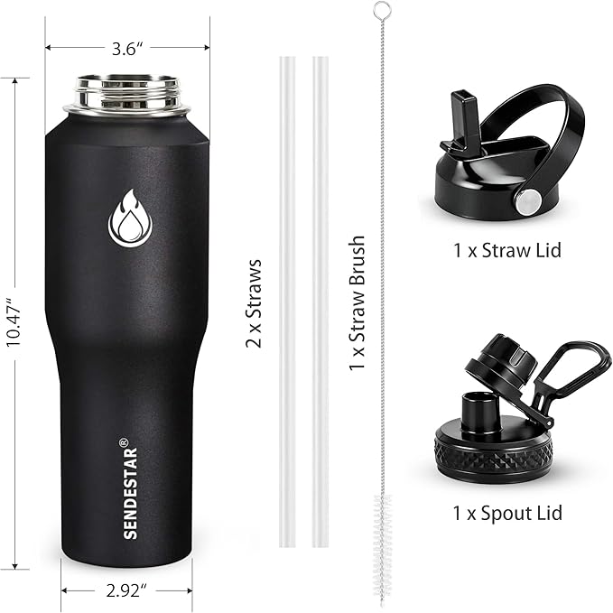 SENDESTAR Water Bottle 32oz,Wide Mouth Stainless Steel Vacuum Insulated Double Wall Keep Liquids Cold or Hot All Day,Sweat Proof Sport Design,Fit Car Cup Holder,2 Lids(Straw and Spout lid)(Black)