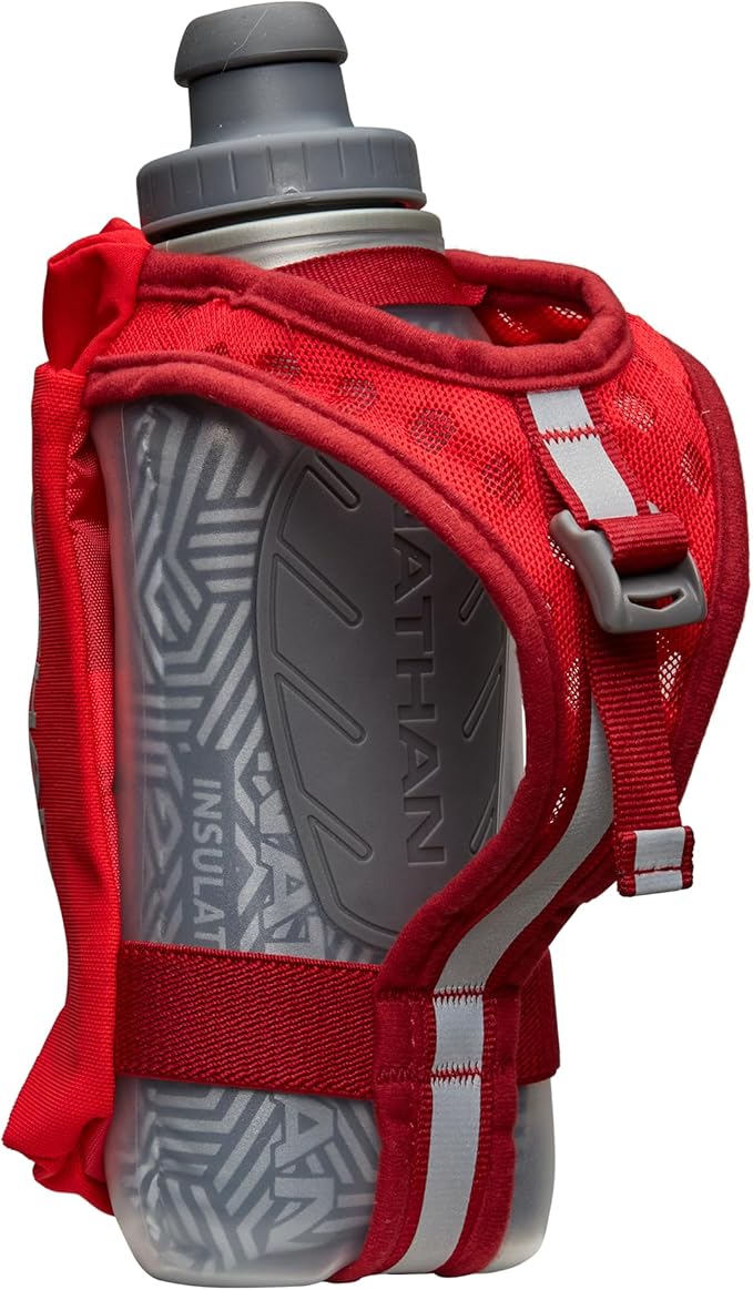 Nathan SpeedDraw 2 Insulated Handheld Running Water Bottle Flask – Double-Wall Insulation, Ergonomic Grip, Blast Valve Cap, Phone & Key Storage Pockets, Reflective Design - 12oz Insulated - Ribbon Red