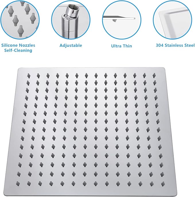 Lordear 16 Inch Rainfall Shower Head Solid Square Ultra Thin 304 Stainless Steel Polish Chrome Rain Shower Head Waterfall Full Body Coverage with Silicone Nozzle