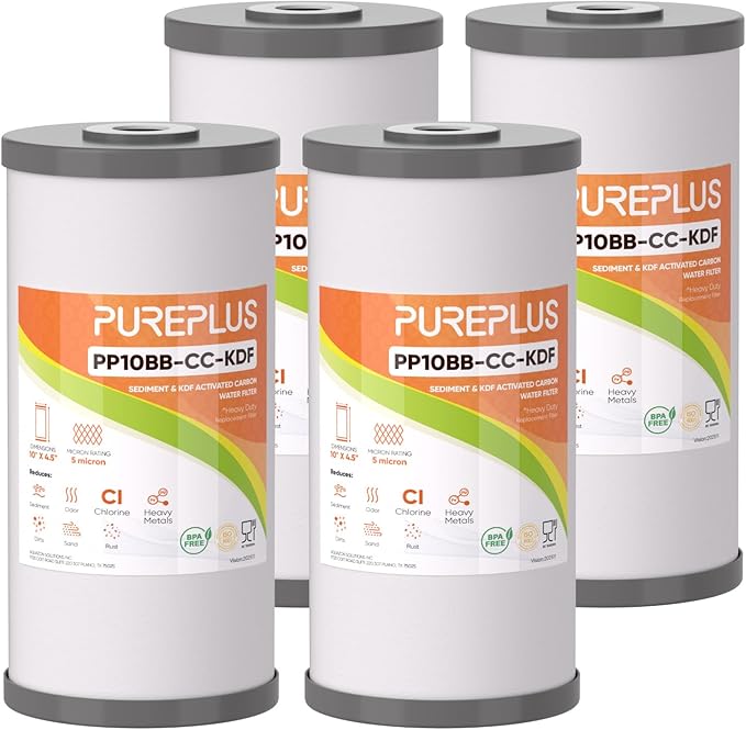 PUREPLUS 5 Micron 10" x 4.5" Whole House PP Sediment Carbon KDF Composite Heavy Metal Reduction Filter Cartridge for GE FXHTC,GXWH40L,GXWH35F,GNWH38S,Culligan RFC-BBSA,WRC25HD,Pentek RFC-BB,4Pack