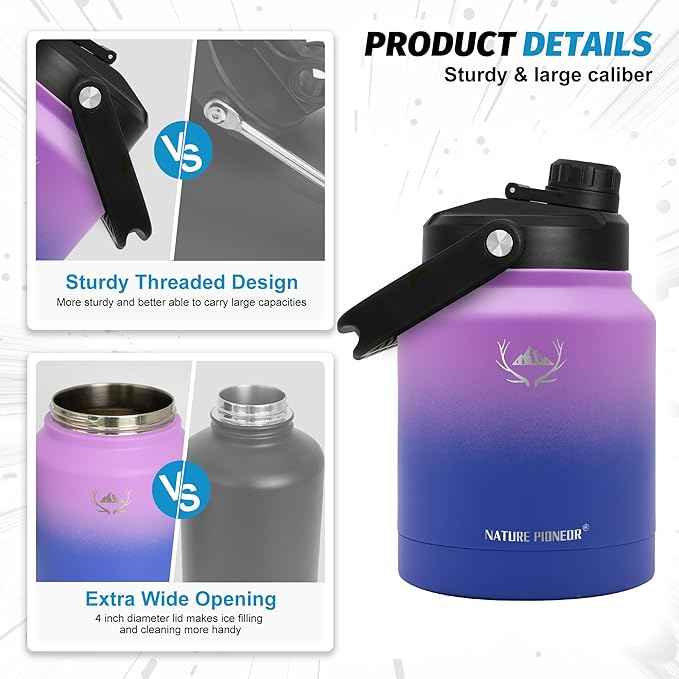 NATURE PIONEOR 84 oz Insulated Water Bottle - Double Vacuum Stainless Steel Water Jug with Holder/Carrier, Wide Mouth, Outdoor Sports, Hiking, Camping, Gym