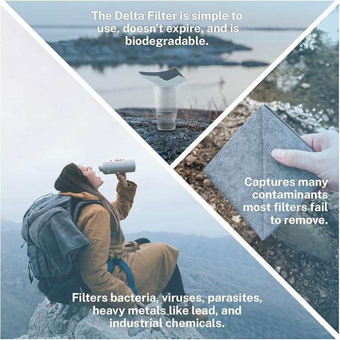 Delta Emergency Water Filter 2 pk. Personal Water Filter For Camping, Hiking, Backpacking, and Emergency Preparedness. Lightweight, Reusable, and Biodegradable- Perfect for Outdoor Wilderness Survival