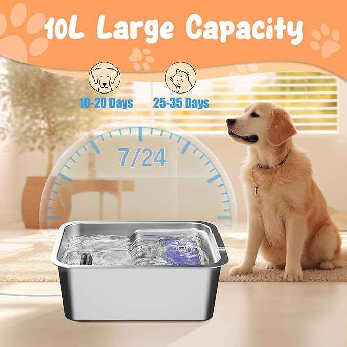 Stainless Steel Dog Fountain, 7L/10L Large Capacity Automatic Water Dispenser with 5 Filters, LED Indicator, Silent Pump for Medium to Large Cats Dogs and Multi-Pet Home (10L Fountian)