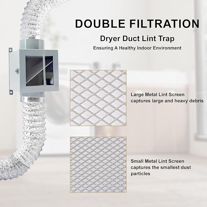 Dryer Duct Lint Trap, Indoor Dryer Vent Kit, Secondary Lint Trap for Electric Clothes Dryers with 4inch 8ft Dryer Vent Hose, 2 Clamps, 2 Stainless Steel Mesh, Dryer Lint Catcher for Dryer (Metal)
