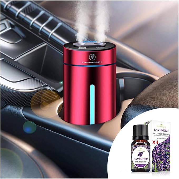 Smart Car Air Fresheners Rechargeable Ultrasonic Atomized Refreshing Experience Contains 4 Bottles of 10ml French Natural Fragrance Adjustable Concentration Auto On/Off Use in Car or Home(Wine red)