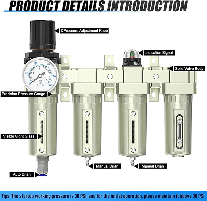 3/4" NPT Heavy Duty Industrial Grade 4 Stage Air Drying System,Auto Drain,Coalescing Filter,Double Particulate Filter,Desiccant Dryer and Air Regulator For Plasma Cutter and Paint Spray - AquaVibe
