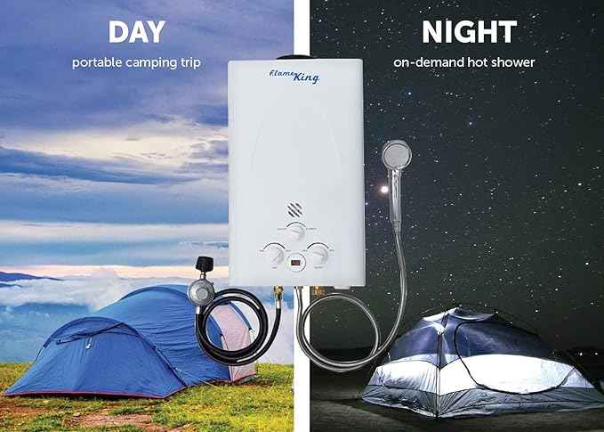 Flame King Portable Tankless Water Heater Propane Gas 10L 2.64 GPM at 68,000 BTU, Outdoor Instant Hot Water Shower for RV, Camping, Farm, Cabins