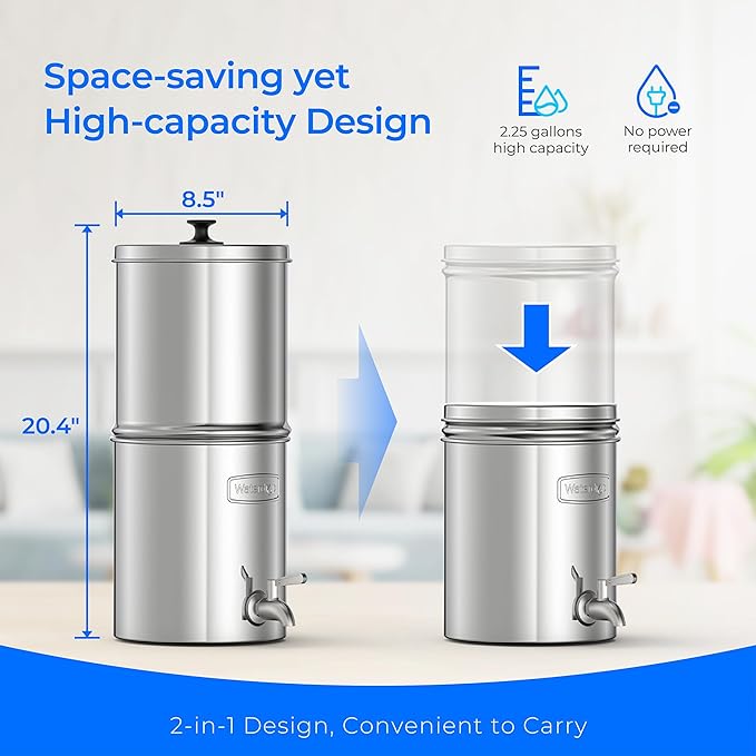 Waterdrop 2.25G Gravity-fed Water Filter System, with Silver Ions Enhanced Filtration with 2 Black Carbon Filters and Metal Spigot