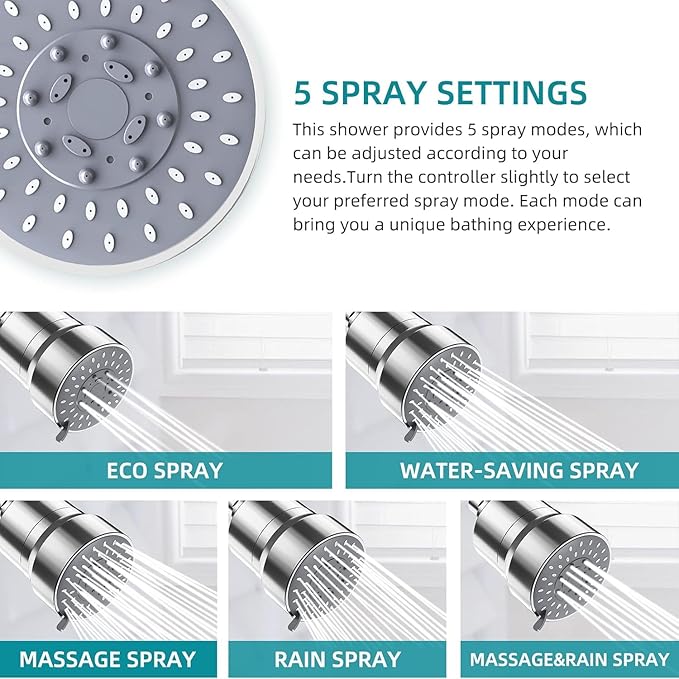 Filtered Shower Head, 5 Modes High Pressure Shower Head with 15 Stage Hard Water Filter Cartridge for Remove Chlorine and Harmful Substances - AquaVibe