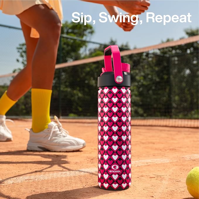 ENCOOL Valentine's Day Insulated Water Bottle with Straw Stainless Steel Water Bottle, Leak-Proof, BPA-Free, Keeps Cold for 24 Hours for Sports, Travel, School (26 oz, Bold Hearts Mono x Red)