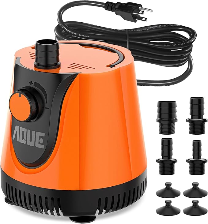 AQUE 360° All-round Water Intake Submersible Pump. It is suitable for fish tanks, ponds, aquariums and hydroponic systems. It comes with a 6-foot power cord and 4 nozzles. (60W) - AquaVibe