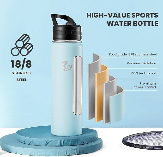 COKTIK 22oz Sports Water Bottle, Stainless Steel Water Bottle for Insulated, Reusable Travel Bottle, With Straw, With Handle Grip for Easy Carrying, Suitable for Cycling, Outdoor Vacations(FOG)