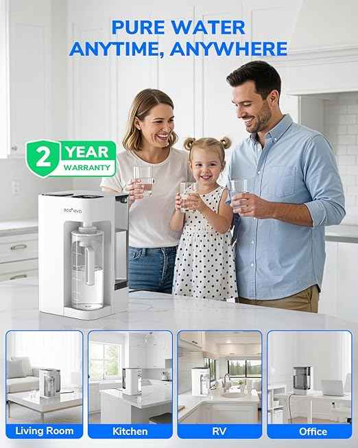 Ecoviva Mate 3 Countertop Reverse Osmosis Water Filter, 8-Stage RO Water Filtration System with 44oz Water Pitcher Smart Auto-Filling, 3:1 Pure to Drain, Tabletop Purifier, White