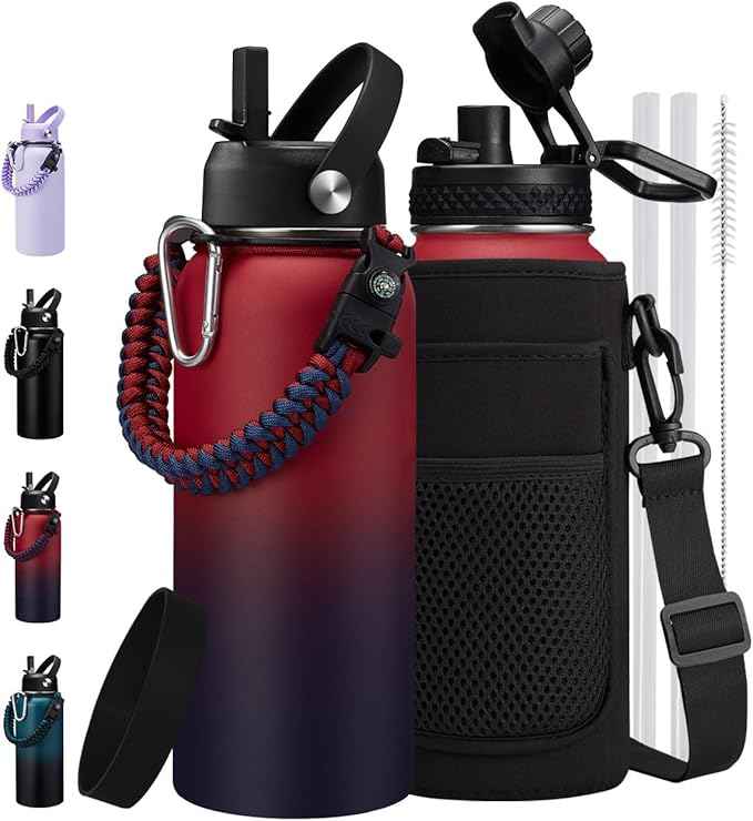 32 40 64 OZ Water Bottle - with Straw & Auto Spout Lids, Carrier Bag & Paracord Handle, Stainless Steel Insulated Water Bottles 32 OZ for Sport Work Travel, Cold-48Hrs Hot-24Hrs