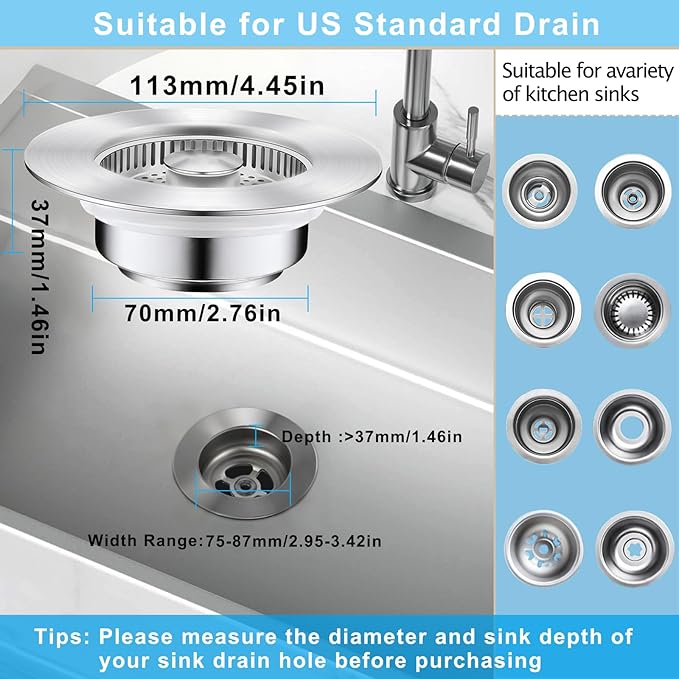 3-in-1 Kitchen Sink Drain Strainer Stopper, Upgraded Stainless Steel Sink Plug with Anti-Clog Filter Basket, Fits Standard 3-1/2 Inch Drain Hole, Pop Up Garbage Disposal Cover, Universal Food Catcher