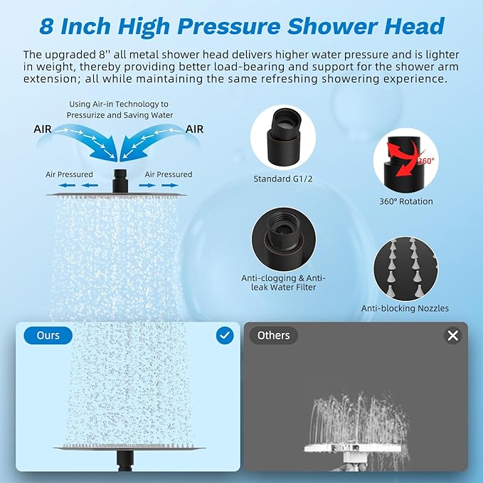 Hibbent cUPC Certified All Metal 8" Rainfall Showerhead Combo, High Pressure Shower Head with 10-Spray Handheld, Innovative 4-way Diverter with Pause Mode, 71'' Shower Hose & Holder, Oil Rubbed Bronze
