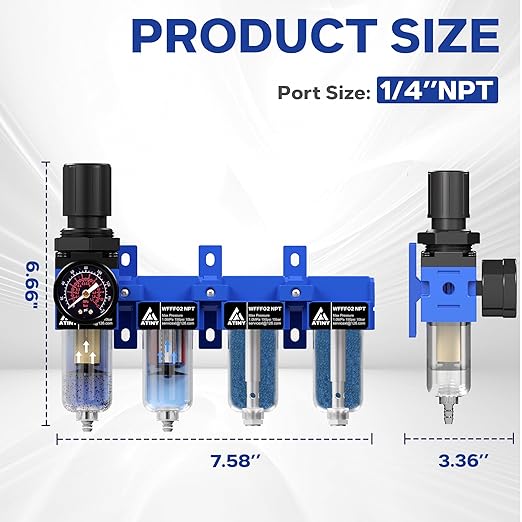 1/4'' NPT Compressed Air Dryer, 4 Stage Air Drying System,Brass Filter, Coalescing Filter,Double Desiccant Dryers & Air Regulator,Metal Bowl, Semi-Auto Drain,Industrial Grade-Blue - AquaVibe