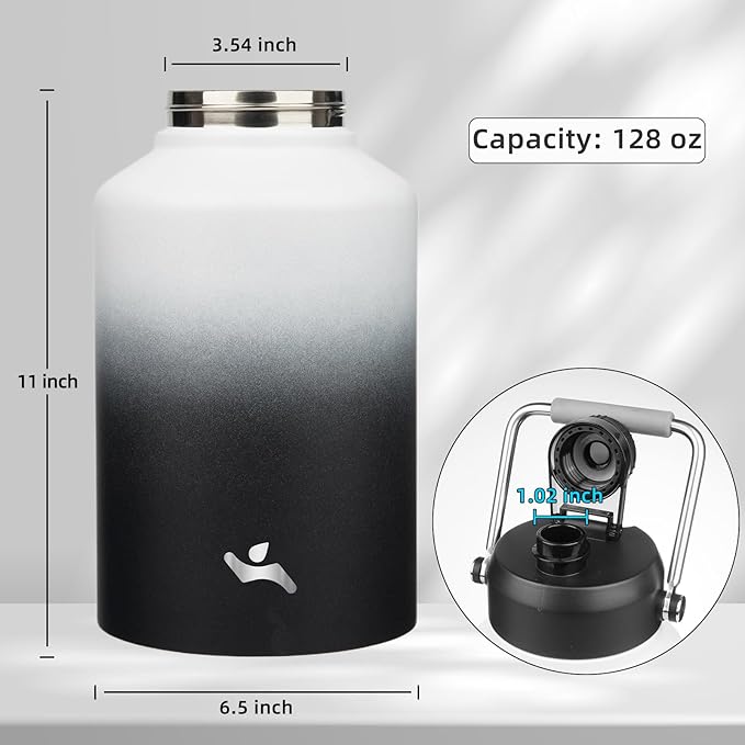 1 Gallon Jug with Handle,128 oz Insulated Water Bottle with Carrying Pouch, Double Wall Vacuum Stainless Steel Metal Bottle,Day Night