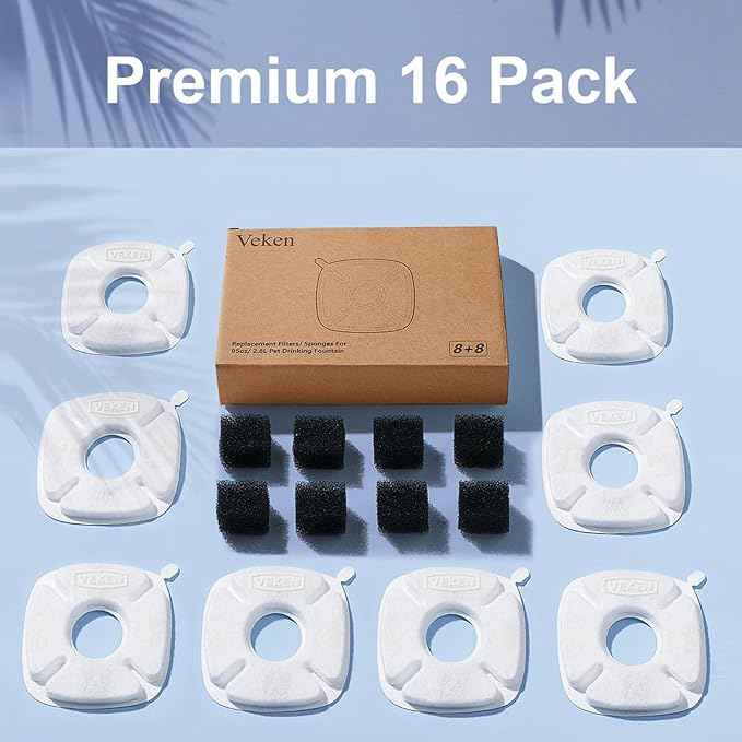 Veken Cat Water Fountain Filter, Classic 8 Pack Replacement Filters & 8 Pack Replacement Pre-Filter Sponges for 50oz, 84oz, 95oz Automatic Pet Fountain Dog Water Dispenser - AquaVibe