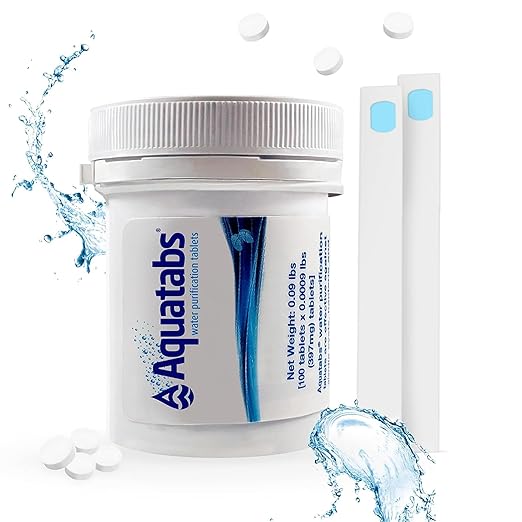 Aquatabs Water Purification Tablets for Drinking - 100 Tablets + 2 Chlorine Test Strips - Water Purifier Starter Kit - for Boat and RV Tanks - by Aquamarine Water Solutions