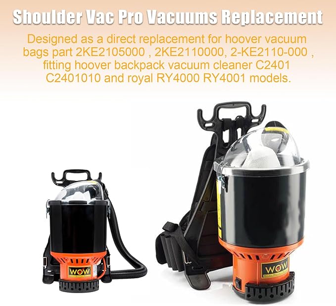 Aillsa Replacement for Hoover Vacuum HEPA Cloth Bag Liner and Filter Compatible with Hoover Part 2KE2105000 2KE2110000 2-KE2110-000 Fits Hoover Backpack Vacuum Cleaner C2401 & Royal RY4000 RY4001 - AquaVibe