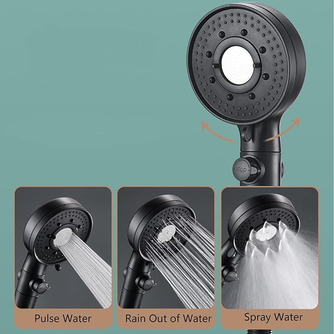 Shower Head, High Pressure for Low Pressure, Rainfall Shower Heads Handheld with Filter for Hard Water to Increase Pressure, 3 Adjustable Spray Modes with Water Stop Button, Black