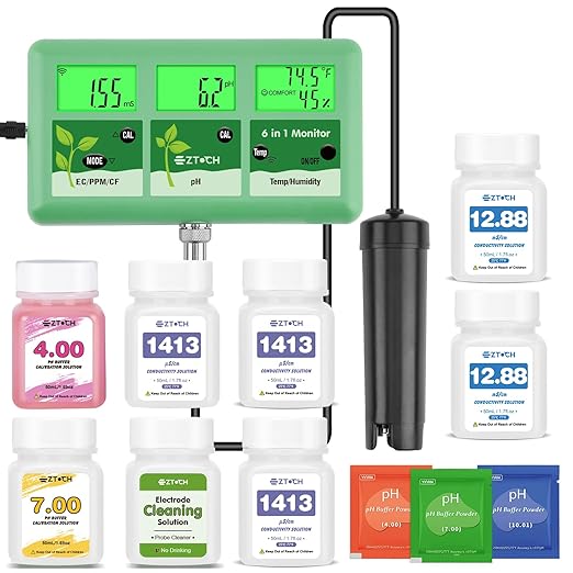 6 in 1 pH EC TDS Monitor for Water Hydroponic with pH EC Calibration Solution, Probe Cleaning Solution, with Extra EC 1413μS/cm and 12.88mS/cm EC Calibration Solution, Each 2 Bottles 50ml