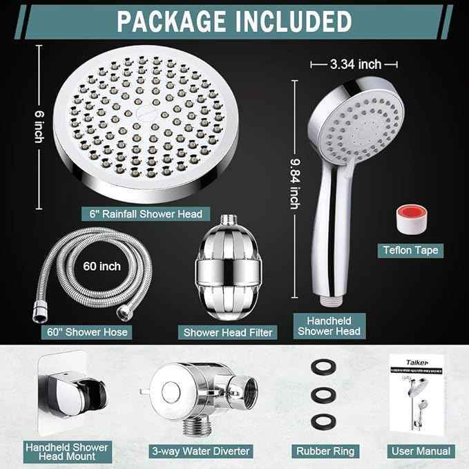 Taiker Filtered Shower Head, High Pressure Rainfall Shower Head/Handheld Shower Filter Combo, Luxury Modern Chrome Plated with 60'' Hose Anti-leak with Holder (Silver)