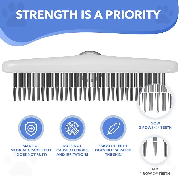 Dog rake deshedding dematting Brush Comb - Undercoat rake for Dogs, Cats, matted, Short,Long Hair Coats - Brush for Shedding, Double Row Stainless Steel pins - Reduce Shedding by 90% (White) - AquaVibe