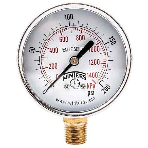 Winters PEM216LF PEM-LF Series Pressure Gauge, 2.5" Dial size, 1/4" NPT, 0/200 psi/kpa, ±3-2-3% accuracy