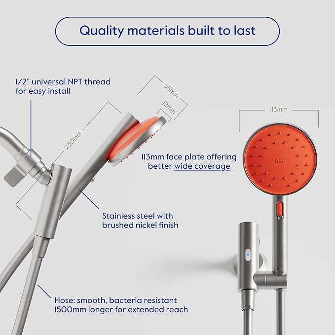 hai Smart Shower Head, Bluetooth Handheld Water Saving Showerhead with Adjustable High Pressure to Spa-Like Mist, Stainless Steel, Easy Installation, Customizable LED Lights, Persimmon, 1.8 GPM