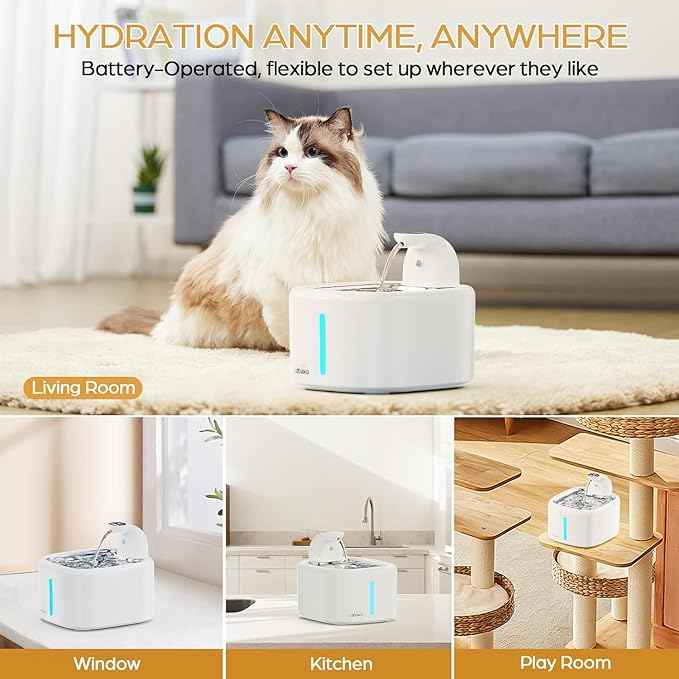 Cordless Cat Water Fountain 4000mAh 45 Days Use-3.5L Large Capacity Automatic Pet Fountain with Smart Sensing Modes, Ultra Quiet <30dB Pump, Pro Filtration System, Easy to Clean -TWCP01