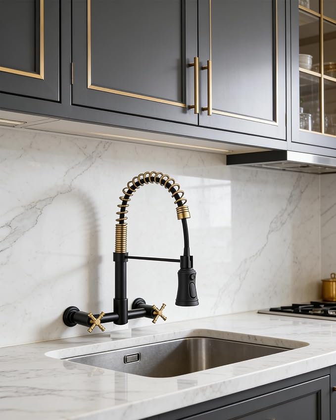 Wall Mount Kitchen Faucet, 8 Inch Center Wall Mount Faucet with Pull Down Sprayer, Commercial Spring Wall Faucet for Kitchen Sink, 3 Functions, Dual Handle, 304 Stainless Steel, Black and Brushed Gold