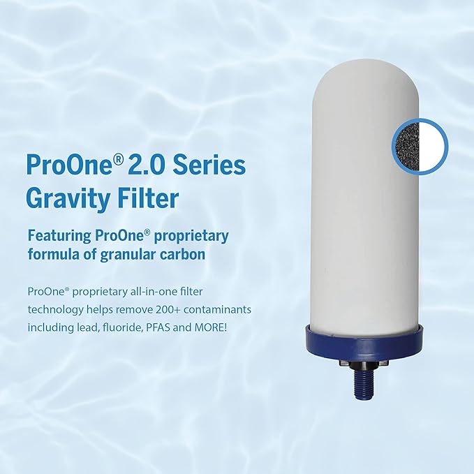 ProOne Big+ Gravity Water Filter System - High Capacity Countertop Stainless Steel Water Filter Dispenser - IAPMO Certified to Reduce Lead, Total PFAS, Microplastics, Chlorine Taste & Odor