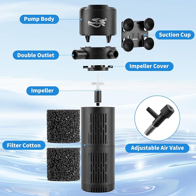 Aquarium Filter, Fish Tank Filter 4-in-1 for 40-120 Gallon Tanks, Submersible Internal Filter with Wave-Maker, Oxygenation & Adjustable Air Flow for Freshwater/Saltwater/Turtle Tanks (12W)