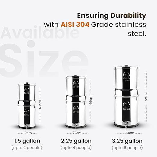 PHOENIX GRAVITY - 3.25 Gallons NSF Certified AISI 304 Stainless Steel Water Filter with 2 Smart Carbon (Black) Filters, 2 POSTreat Steel Fluoride Removal Elements, Free Water Spigot & Teak Wood Stand