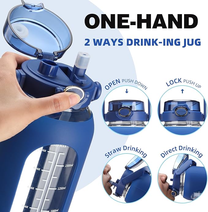 SIEROZUR 64 oz Glass Water Bottle with Straw and Handle Lid Half Gallon Motivational Glass Bottle with Silicone Sleeve and Time Marker Large Reusable Sports Water Jug for Gym Home Workout