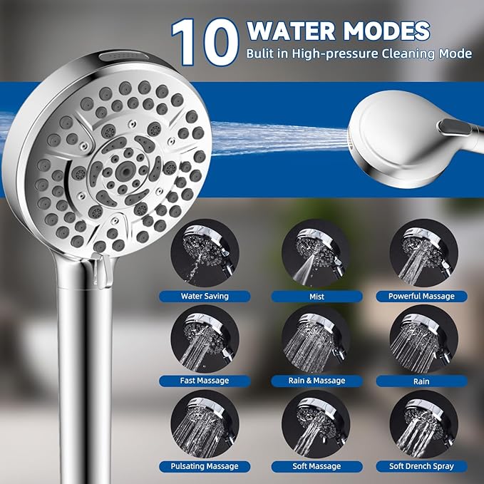 All Metal Dual Shower Head Easy Reach, High Pressure 10-Spray Handheld Shower & 6" Square Rainfall Shower Head Combo, Shower Extension Arm, 71" Hose, 3-way Diverter, Brass Shower Bracket, Chrome