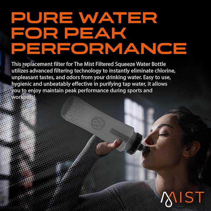 Mist Sports Squeeze Water Bottle Replacement Filter, Replacement Filter Lasts 32 Gallons (2 Months) for Contaminant Free and Pure Water - No Lugging Disposable Bottles, 5-pack