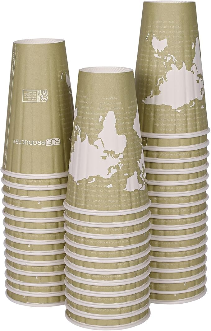 ECO PRODUCTS Compostable Disposable Insulated World Art 16oz Large Coffee Cups, Pack of 40, Renewable Double-wall Hot Paper Cup, Plant Based PLA Lining, No Sleeves Needed, Color Coded