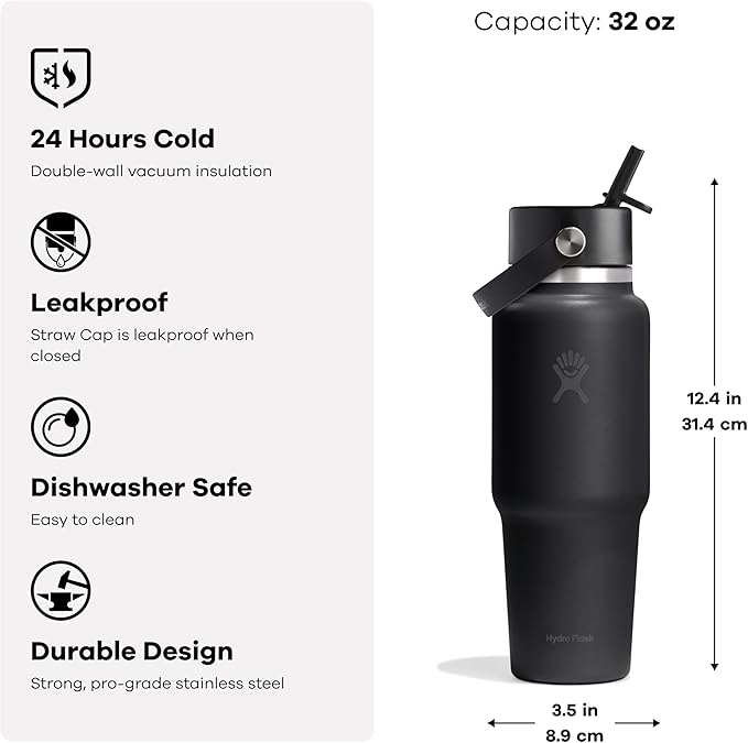 Hydro Flask Travel Water Bottle - Insulated Stainless Steel - Wide Straw Lid, Non Spill, Leakproof in 32 Oz Tonal Black