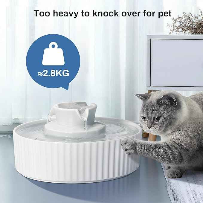 2.1L Ceramic Cat Water Fountain-for Cats and Dogs, 360 Ceramic Pet Fountain-70 Oz Large Water Capacity - Whisper-Quiet Water Flow-Great for Shy or Timid Pets - Fresh, Filtered Water（White）