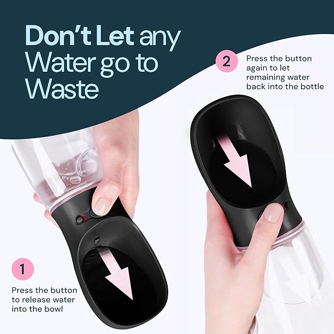 MalsiPree Dog Water Bottle - 19 Oz, Black, BPA-Free Stainless Steel - Portable & Lightweight Water Dispenser with Bowl for Dogs - Leak-Proof & No-Waste Design for Travel - AquaVibe