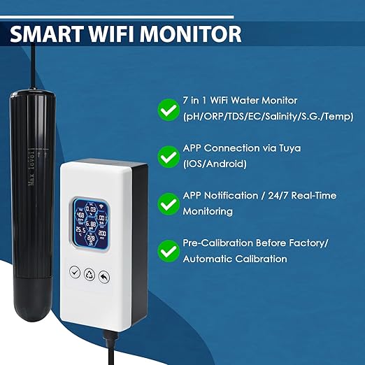 7 in 1 Smart Water Quality Tester, Wireless WiFi Water Monitor Measures pH/ORP/TDS/EC/Salinity/SG/TEMP, Water Quality Meter with App Connection Real-Time Alerts for Aquarium, Saltwater Fish Tank, etc.