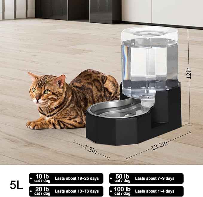Sfozstra Large Dog Water Dispenser: 5L Automatic Gravity Water Feeder - Dishwasher-Safe Stainless Steel Bowl - Easy Clean - No Power Needed - for Cats & Small Dogs - Kitchen Corner/Crate Area