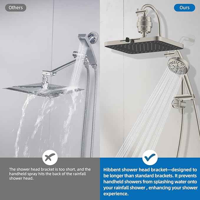 Hibbent 5-spray Dual Filtered Rainfall Shower Head Combo, High Pressure 13'' Showerhead with 10 Spray Mode Handheld, Easy Reach 4-way Diverter Arm with Pause Mode, 71'' Hose & Holder, Brushed Nickel
